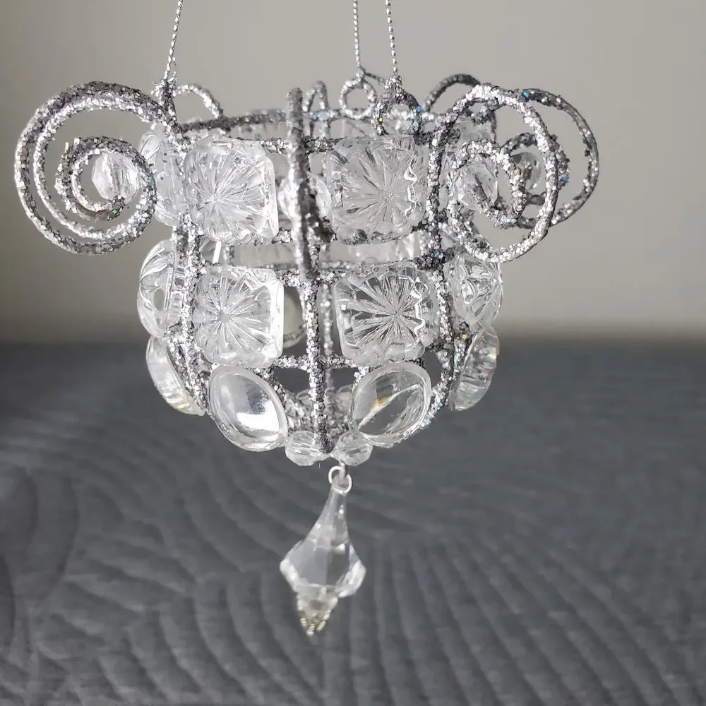 Vintage Katherine Style Jeweled Chandileir Ornaments X6 Silver Crystal Christmas